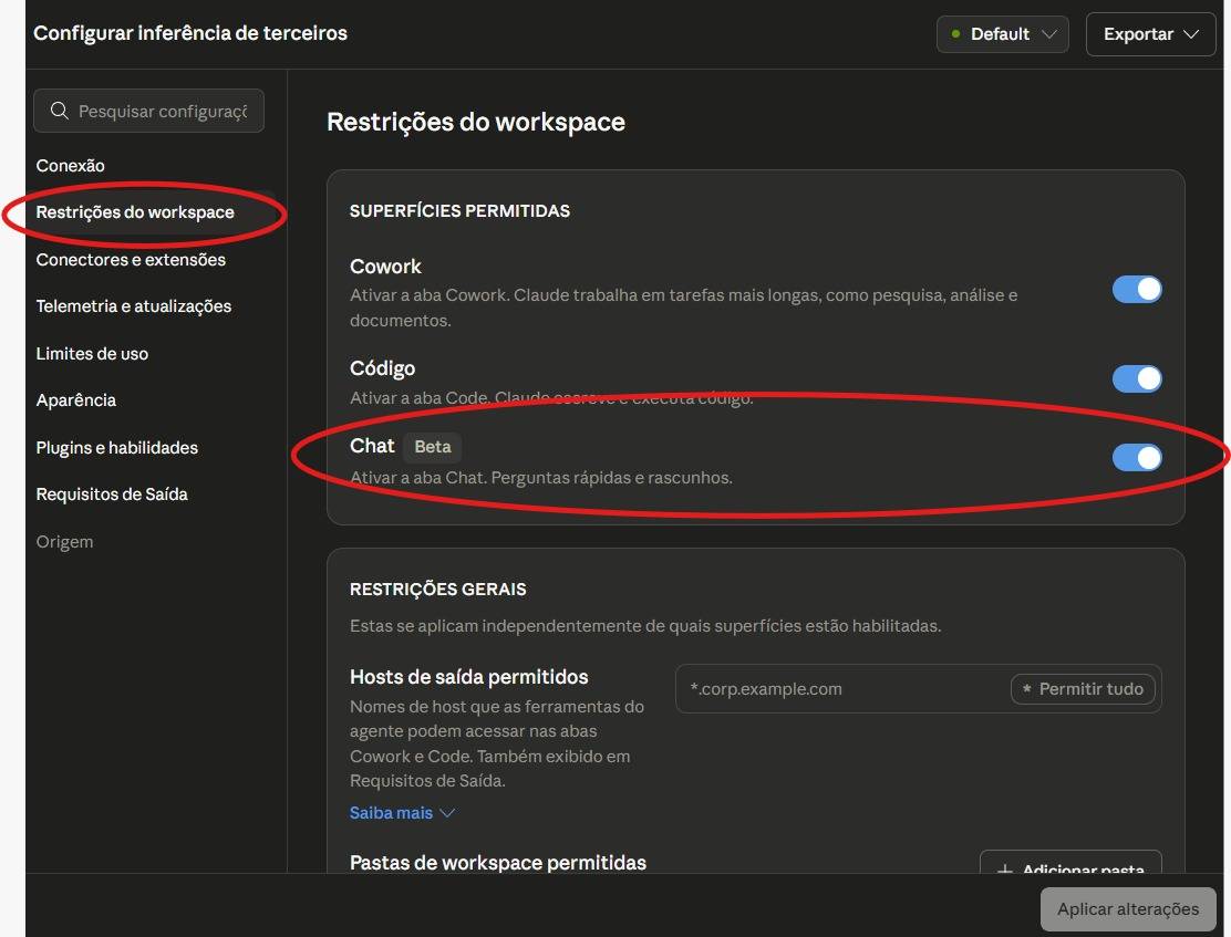 Tela Restrições do workspace com o toggle Chat (Beta) destacado, em Configure Third-Party Inference